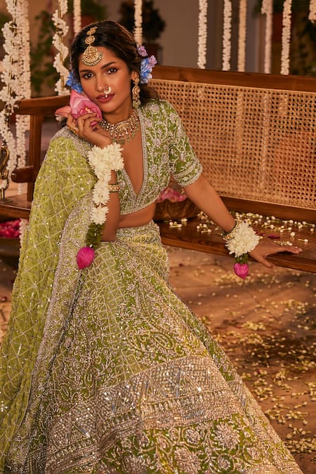 Shop The Royaleum Green Silk, Crepe Beads, Dilkash Cutdana And Embellished Bridal Lehenga Set Online at Aza Fashions Shop_The Royaleum_Green Silk, Crepe Beads, Dilkash Cutdana And Embellished Bridal Lehenga Set _Online_at_Aza_Fashions