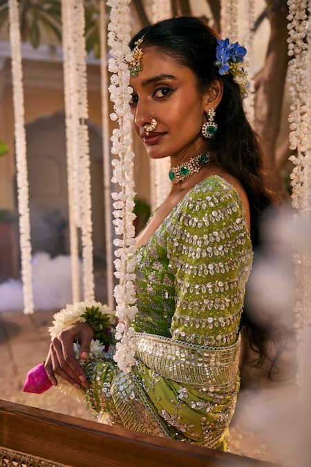 Buy The Royaleum Green Crepe, Silk Crystals, Sequins Plunge Neck Embroidered Saree Set Online at Aza Fashions Buy_The Royaleum_Green Crepe, Silk Crystals, Sequins Plunge Neck Embroidered Saree Set _Online_at_Aza_Fashions