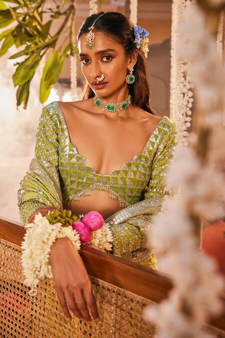 Shop The Royaleum Green Crepe, Silk Crystals, Sequins Plunge Neck Embroidered Saree Set Online at Aza Fashions Shop_The Royaleum_Green Crepe, Silk Crystals, Sequins Plunge Neck Embroidered Saree Set _Online_at_Aza_Fashions