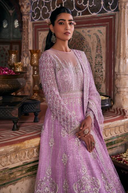 Shop The Royaleum Purple Silk, Net Noorani Rainbow And Tassel Embroidered Anarkali With Dupatta Online at Aza Fashions Shop_The Royaleum_Purple Silk, Net Noorani Rainbow And Tassel Embroidered Anarkali With Dupatta _Online_at_Aza_Fashions