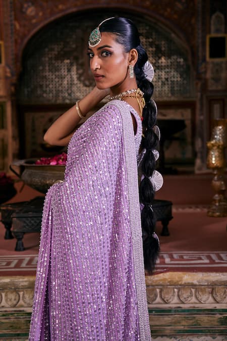 The Royaleum Purple Crepe, Silk Pearls, Sequins Lilac Dori And Embroidered Saree Set Online at Aza Fashions The Royaleum_Purple Crepe, Silk Pearls, Sequins Lilac Dori And Embroidered Saree Set _Online_at_Aza_Fashions