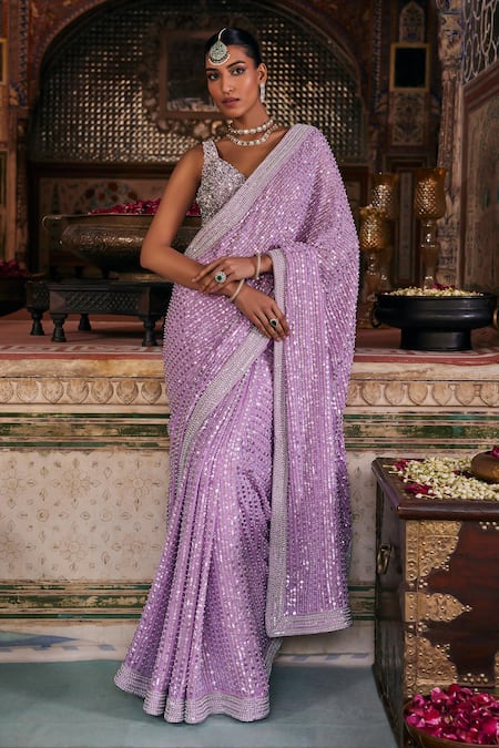 Buy The Royaleum Purple Crepe, Silk Pearls, Sequins Lilac Dori And Embroidered Saree Set Online at Aza Fashions Buy_The Royaleum_Purple Crepe, Silk Pearls, Sequins Lilac Dori And Embroidered Saree Set _Online_at_Aza_Fashions