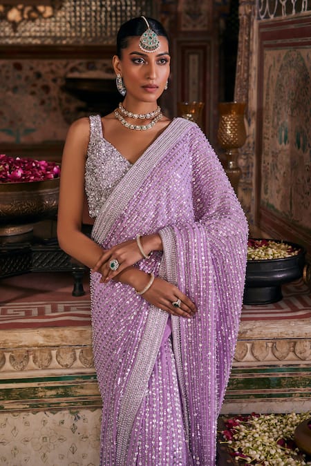Shop The Royaleum Purple Crepe, Silk Pearls, Sequins Lilac Dori And Embroidered Saree Set Online at Aza Fashions Shop_The Royaleum_Purple Crepe, Silk Pearls, Sequins Lilac Dori And Embroidered Saree Set _Online_at_Aza_Fashions