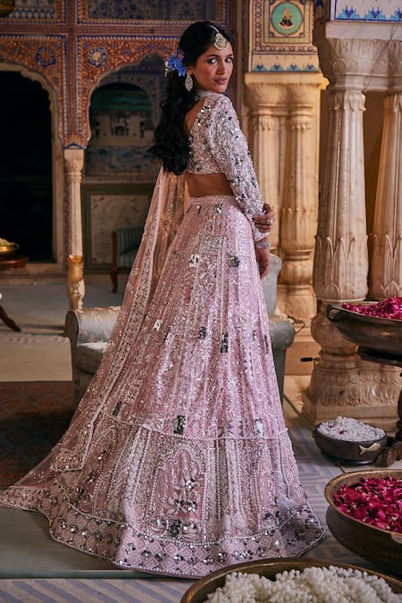 Shop The Royaleum Pink Net Pearls, Sequins, Bahaar Gunj 3d Floral Embroidered Bridal Lehenga Set at Aza Fashions Shop_The Royaleum_Pink Net Pearls, Sequins, Bahaar Gunj 3d Floral Embroidered Bridal Lehenga Set _at_Aza_Fashions