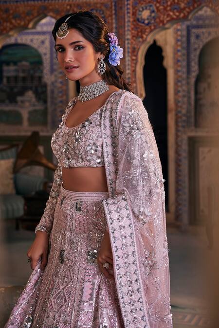 The Royaleum Pink Net Pearls, Sequins, Bahaar Gunj 3d Floral Embroidered Bridal Lehenga Set Online at Aza Fashions The Royaleum_Pink Net Pearls, Sequins, Bahaar Gunj 3d Floral Embroidered Bridal Lehenga Set _Online_at_Aza_Fashions