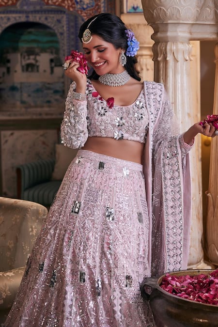Buy The Royaleum Pink Net Pearls, Sequins, Bahaar Gunj 3d Floral Embroidered Bridal Lehenga Set Online at Aza Fashions Buy_The Royaleum_Pink Net Pearls, Sequins, Bahaar Gunj 3d Floral Embroidered Bridal Lehenga Set _Online_at_Aza_Fashions