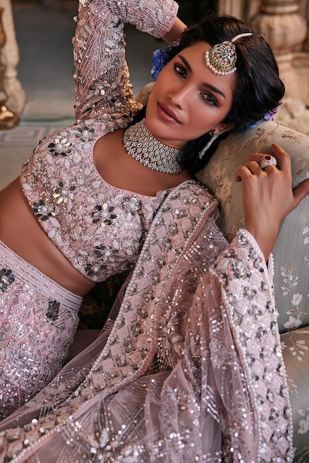 Shop The Royaleum Pink Net Pearls, Sequins, Bahaar Gunj 3d Floral Embroidered Bridal Lehenga Set Online at Aza Fashions Shop_The Royaleum_Pink Net Pearls, Sequins, Bahaar Gunj 3d Floral Embroidered Bridal Lehenga Set _Online_at_Aza_Fashions