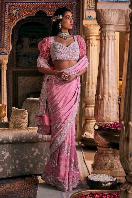 The Royaleum Pink Crepe, Silk Pearls, Sequins Sweetheart Neck And Nakshi Embroidered Saree Set Online at Aza Fashions The Royaleum_Pink Crepe, Silk Pearls, Sequins Sweetheart Neck And Nakshi Embroidered Saree Set _Online_at_Aza_Fashions