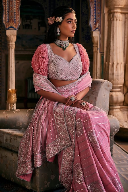 Buy The Royaleum Pink Crepe, Silk Pearls, Sequins Sweetheart Neck And Nakshi Embroidered Saree Set Online at Aza Fashions Buy_The Royaleum_Pink Crepe, Silk Pearls, Sequins Sweetheart Neck And Nakshi Embroidered Saree Set _Online_at_Aza_Fashions