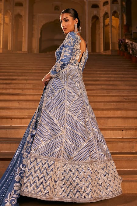 Shop_The Royaleum_Blue Silk Sequins, Embroidery, Stones, Diamonds Nivedya Cutwork Anarkali Set _at_Aza_Fashions