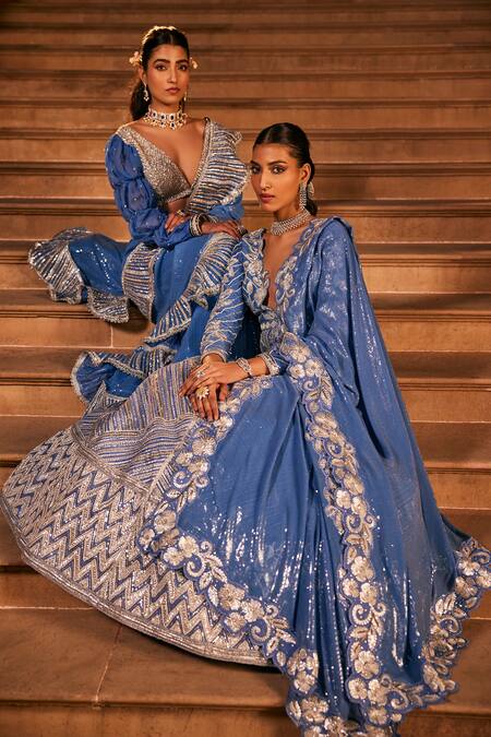 Buy_The Royaleum_Blue Silk Sequins, Embroidery, Stones, Diamonds Nivedya Cutwork Anarkali Set _Online_at_Aza_Fashions