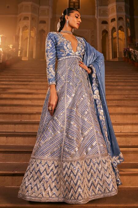 The Royaleum_Blue Silk Sequins, Embroidery, Stones, Diamonds Nivedya Cutwork Anarkali Set _at_Aza_Fashions