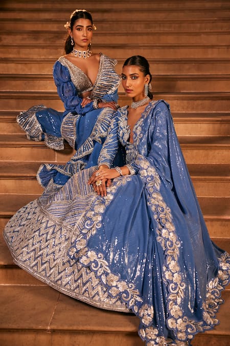 Buy The Royaleum Blue Silk, Net Crystals, Stones, Sequins, Tassels Round Embroidered Lehenga Set Buy_The Royaleum_Blue Silk, Net Crystals, Stones, Sequins, Tassels Round Embroidered Lehenga Set