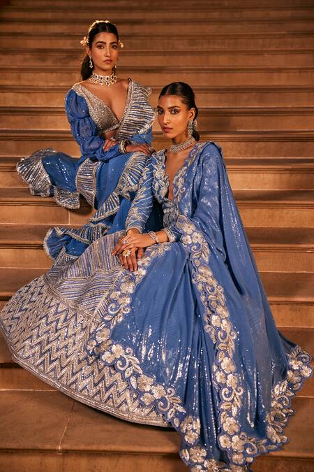 Buy The Royaleum Blue Silk Sequins, Gota Patti V-neck Embroidered Frilled Border Saree Set Online at Aza Fashions Buy_The Royaleum_Blue Silk Sequins, Gota Patti V-neck Embroidered Frilled Border Saree Set _Online_at_Aza_Fashions