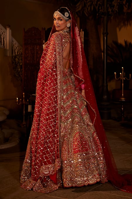 Shop The Royaleum Red Silk, Net Beads, Stones, Sequins, Lace, Geometric Bridal Lehenga Set at Aza Fashions Shop_The Royaleum_Red Silk, Net Beads, Stones, Sequins, Lace, Geometric Bridal Lehenga Set _at_Aza_Fashions