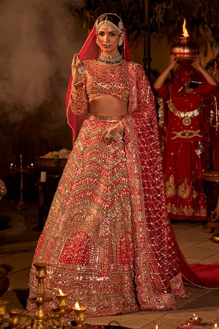 The Royaleum Red Silk, Net Beads, Stones, Sequins, Lace, Geometric Bridal Lehenga Set Online at Aza Fashions The Royaleum_Red Silk, Net Beads, Stones, Sequins, Lace, Geometric Bridal Lehenga Set _Online_at_Aza_Fashions