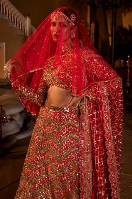 Buy The Royaleum Red Silk, Net Beads, Stones, Sequins, Lace, Geometric Bridal Lehenga Set Online at Aza Fashions Buy_The Royaleum_Red Silk, Net Beads, Stones, Sequins, Lace, Geometric Bridal Lehenga Set _Online_at_Aza_Fashions