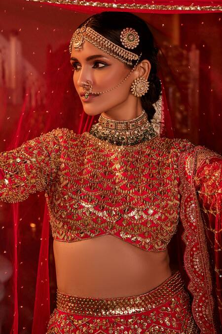 Shop The Royaleum Red Silk, Net Beads, Stones, Sequins, Lace, Geometric Bridal Lehenga Set Online at Aza Fashions Shop_The Royaleum_Red Silk, Net Beads, Stones, Sequins, Lace, Geometric Bridal Lehenga Set _Online_at_Aza_Fashions