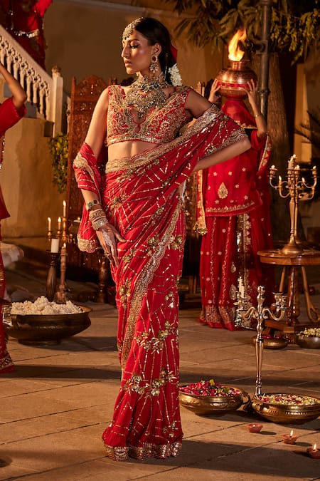 Shop The Royaleum Red Silk, Crepe Sequins, Cut Work, Stones Embroidered Saree Set With Blouse at Aza Fashions Shop_The Royaleum_Red Silk, Crepe Sequins, Cut Work, Stones Embroidered Saree Set With Blouse _at_Aza_Fashions
