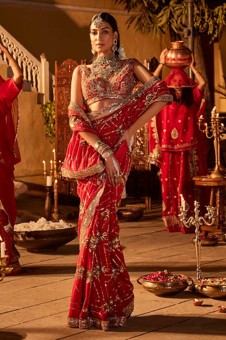 The Royaleum Red Silk, Crepe Sequins, Cut Work, Stones Embroidered Saree Set With Blouse Online at Aza Fashions The Royaleum_Red Silk, Crepe Sequins, Cut Work, Stones Embroidered Saree Set With Blouse _Online_at_Aza_Fashions
