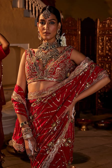 Buy The Royaleum Red Silk, Crepe Sequins, Cut Work, Stones Embroidered Saree Set With Blouse Online at Aza Fashions Buy_The Royaleum_Red Silk, Crepe Sequins, Cut Work, Stones Embroidered Saree Set With Blouse _Online_at_Aza_Fashions
