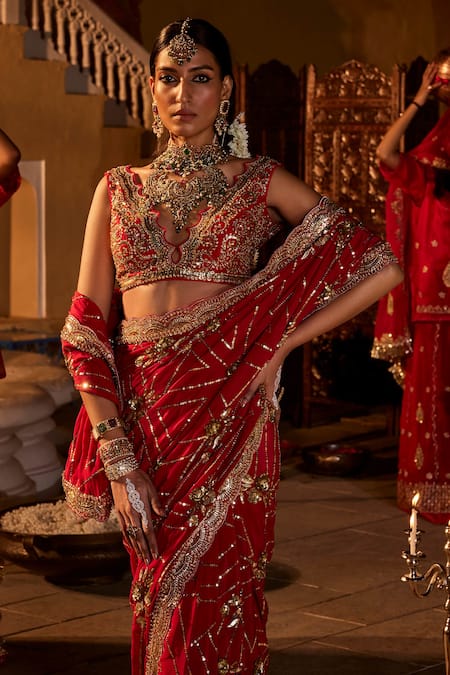 Shop The Royaleum Red Silk, Crepe Sequins, Cut Work, Stones Embroidered Saree Set With Blouse Online at Aza Fashions Shop_The Royaleum_Red Silk, Crepe Sequins, Cut Work, Stones Embroidered Saree Set With Blouse _Online_at_Aza_Fashions