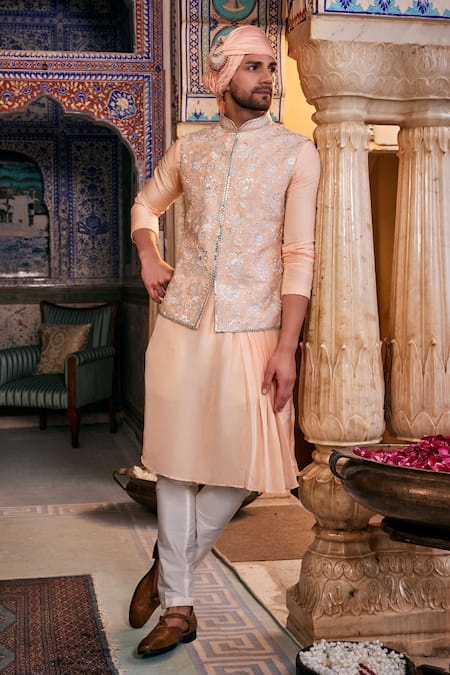 Shop The Royaleum Peach Silk Mirrors, Embroidery Bundi Kurta Set at Aza Fashions Shop_The Royaleum_Peach Silk Mirrors, Embroidery Bundi Kurta Set _at_Aza_Fashions