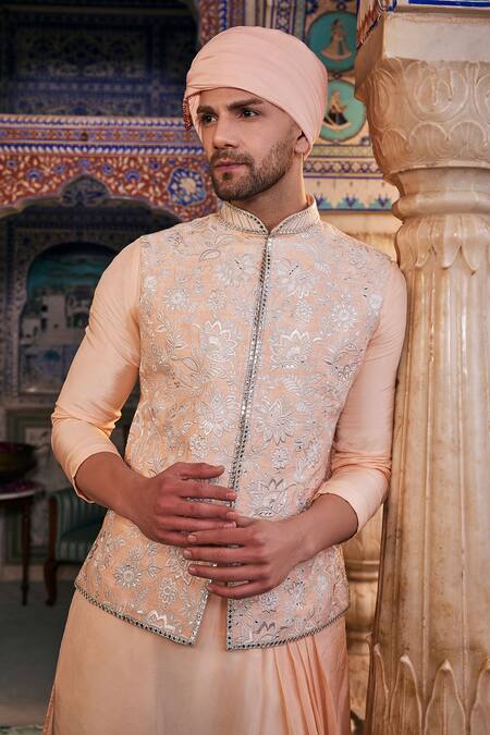The Royaleum Peach Silk Mirrors, Embroidery Bundi Kurta Set Online at Aza Fashions The Royaleum_Peach Silk Mirrors, Embroidery Bundi Kurta Set _Online_at_Aza_Fashions
