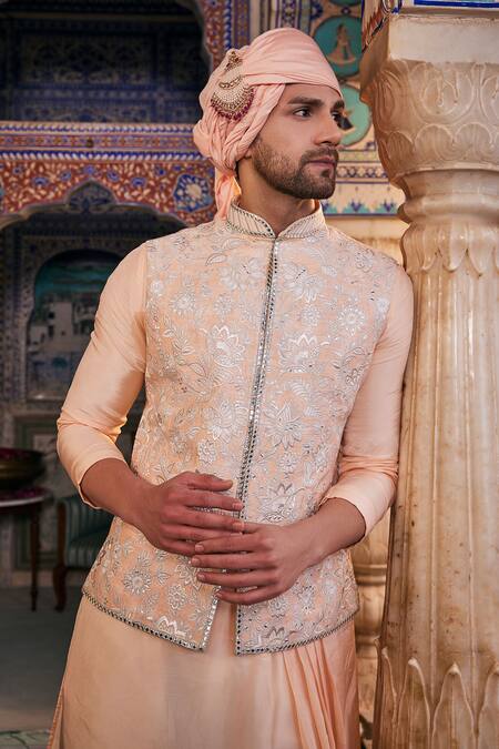 Buy The Royaleum Peach Silk Mirrors, Embroidery Bundi Kurta Set Online at Aza Fashions Buy_The Royaleum_Peach Silk Mirrors, Embroidery Bundi Kurta Set _Online_at_Aza_Fashions
