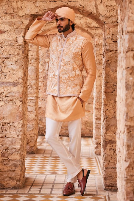 Shop The Royaleum Beige Net, Silk Cut Work, Embroidery, Pearls Floral Bundi Set at Aza Fashions Shop_The Royaleum_Beige Net, Silk Cut Work, Embroidery, Pearls Floral Bundi Set _at_Aza_Fashions