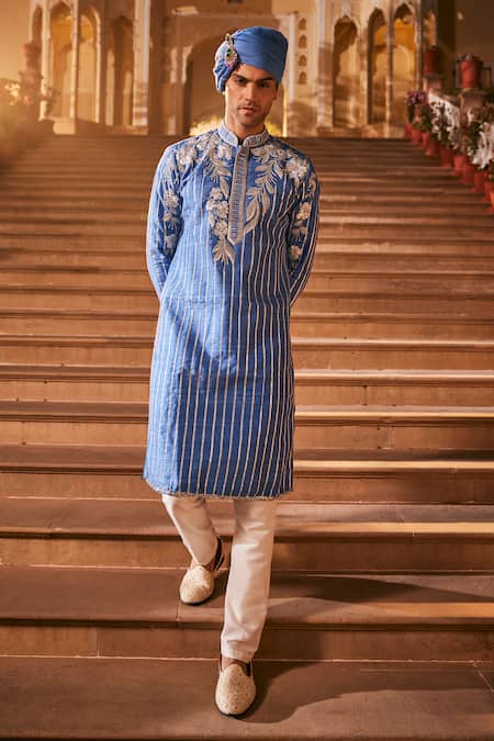 Shop The Royaleum Blue Silk Embroidery, Stones Floral Kurta at Aza Fashions Shop_The Royaleum_Blue Silk Embroidery, Stones Floral Kurta _at_Aza_Fashions
