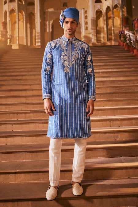 The Royaleum Blue Silk Embroidery, Stones Floral Kurta Online at Aza Fashions The Royaleum_Blue Silk Embroidery, Stones Floral Kurta _Online_at_Aza_Fashions