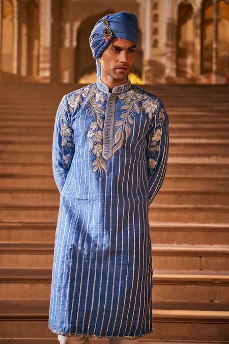 Shop The Royaleum Blue Silk Embroidery, Stones Floral Kurta Online at Aza Fashions Shop_The Royaleum_Blue Silk Embroidery, Stones Floral Kurta _Online_at_Aza_Fashions