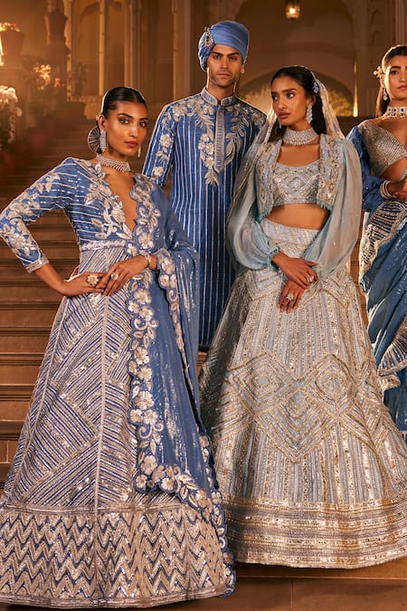 The Royaleum Blue Silk Embroidery, Stones Floral Kurta at Aza Fashions The Royaleum_Blue Silk Embroidery, Stones Floral Kurta _at_Aza_Fashions