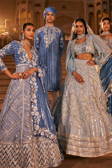 Buy The Royaleum Blue Silk Embroidery, Stones Floral Kurta Buy_The Royaleum_Blue Silk Embroidery, Stones Floral Kurta