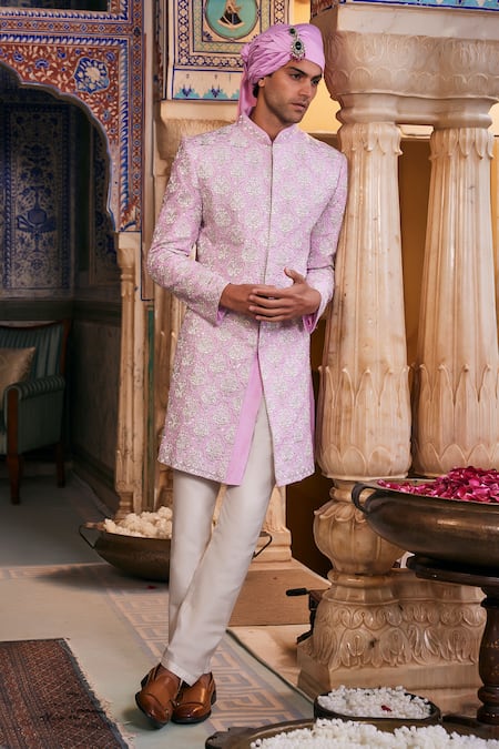 The Royaleum Purple Silk Embroidery, Sequins, Metallic Thread Lilac Sherwani Online at Aza Fashions The Royaleum_Purple Silk Embroidery, Sequins, Metallic Thread Lilac Sherwani _Online_at_Aza_Fashions