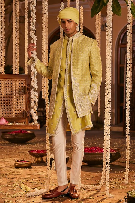 Shop The Royaleum Green Silk Stones, Embroidery Sherwani Jacket Set at Aza Fashions Shop_The Royaleum_Green Silk Stones, Embroidery Sherwani Jacket Set _at_Aza_Fashions