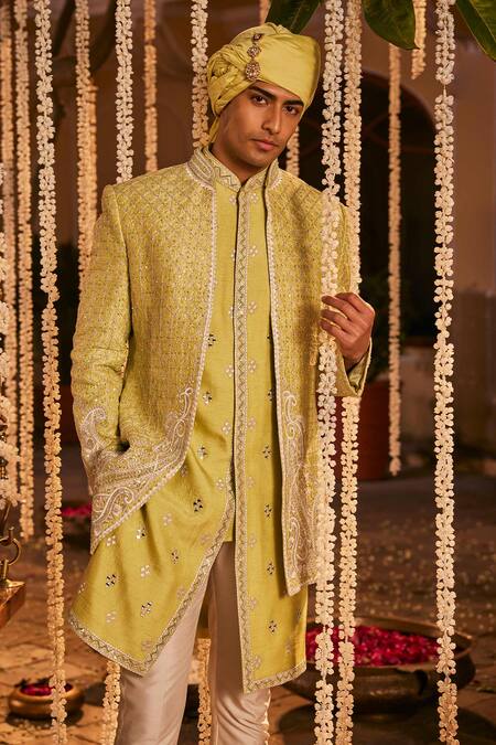 Buy The Royaleum Green Silk Stones, Embroidery Sherwani Jacket Set Online at Aza Fashions Buy_The Royaleum_Green Silk Stones, Embroidery Sherwani Jacket Set _Online_at_Aza_Fashions