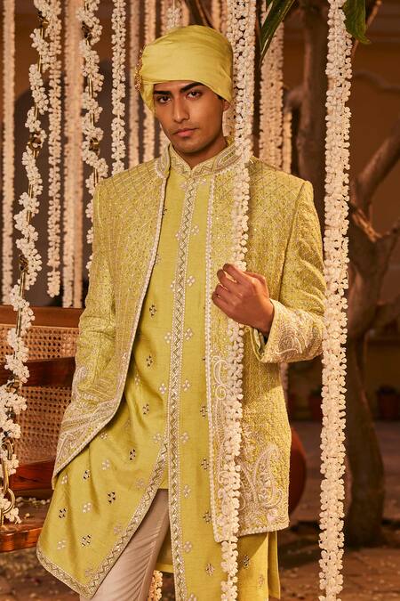 Shop The Royaleum Green Silk Stones, Embroidery Sherwani Jacket Set Online at Aza Fashions Shop_The Royaleum_Green Silk Stones, Embroidery Sherwani Jacket Set _Online_at_Aza_Fashions