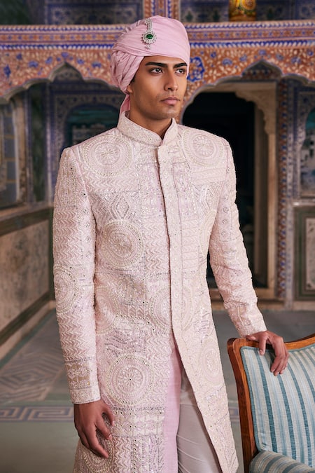 Shop The Royaleum Pink Silk Mirrors, Sequins Embroidered Sherwani And Pant Set at Aza Fashions Shop_The Royaleum_Pink Silk Mirrors, Sequins Embroidered Sherwani And Pant Set _at_Aza_Fashions