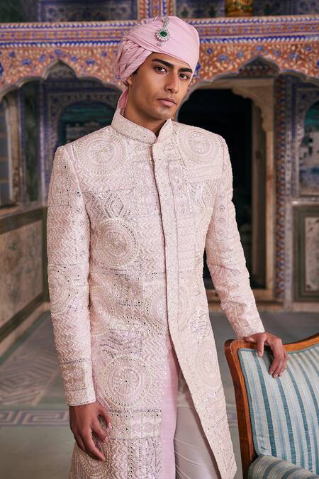 The Royaleum Pink Silk Mirrors, Sequins Embroidered Sherwani And Pant Set Online at Aza Fashions The Royaleum_Pink Silk Mirrors, Sequins Embroidered Sherwani And Pant Set _Online_at_Aza_Fashions