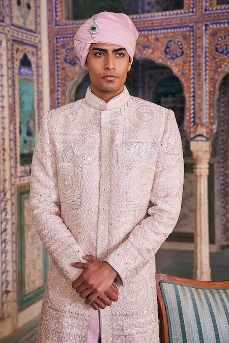 Buy The Royaleum Pink Silk Mirrors, Sequins Embroidered Sherwani And Pant Set Online at Aza Fashions Buy_The Royaleum_Pink Silk Mirrors, Sequins Embroidered Sherwani And Pant Set _Online_at_Aza_Fashions