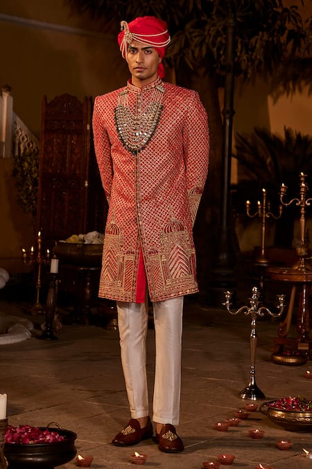 Shop The Royaleum Red Silk Embroidered Sherwani Pant Set at Aza Fashions Shop_The Royaleum_Red Silk Embroidered Sherwani Pant Set _at_Aza_Fashions