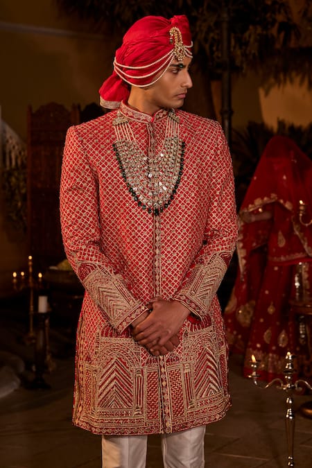 The Royaleum Red Silk Embroidered Sherwani Pant Set Online at Aza Fashions The Royaleum_Red Silk Embroidered Sherwani Pant Set _Online_at_Aza_Fashions