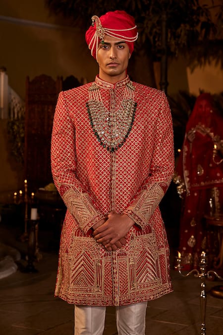 Buy The Royaleum Red Silk Embroidered Sherwani Pant Set Online at Aza Fashions Buy_The Royaleum_Red Silk Embroidered Sherwani Pant Set _Online_at_Aza_Fashions