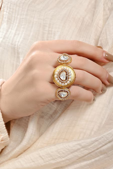 Joules By Radhika Gold Plated Pearls, Diamonds, Stones Ethereal Polki Ring Online at Aza Fashions Joules By Radhika_Gold Plated Pearls, Diamonds, Stones Ethereal Polki Ring _Online_at_Aza_Fashions