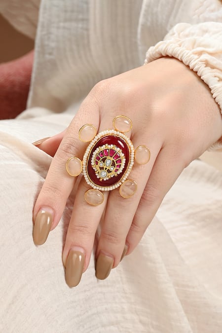 Joules By Radhika Multi Color Pearls, Piping, Stones Sublime Agate Ring 
