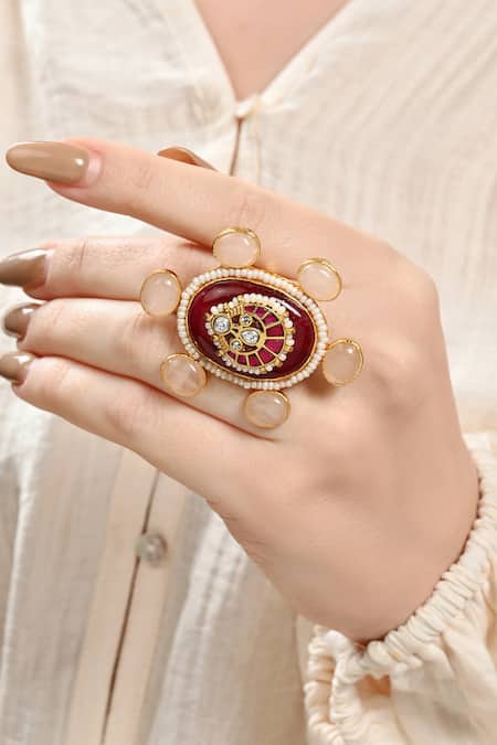 Joules By Radhika_Multi Color Pearls, Piping, Stones Sublime Agate Ring_Online_at_Aza_Fashions