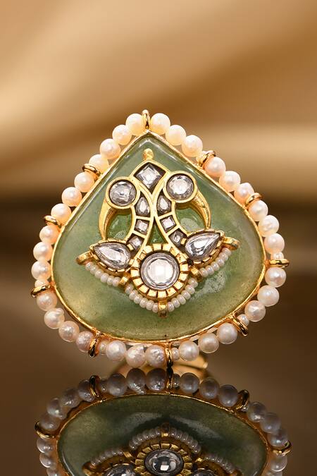 Shop Joules By Radhika Green Pearls, Diamonds, Stones And Embellished Ring at Aza Fashions Shop_Joules By Radhika_Green Pearls, Diamonds, Stones And Embellished Ring_at_Aza_Fashions