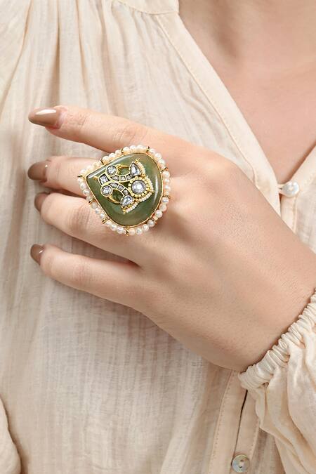 Joules By Radhika Green Pearls, Diamonds, Stones And Embellished Ring Online at Aza Fashions Joules By Radhika_Green Pearls, Diamonds, Stones And Embellished Ring_Online_at_Aza_Fashions